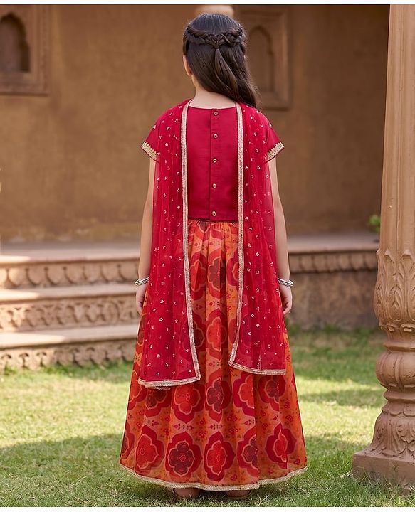 Pine Kids Woven Half Sleeves Floral Embroidered & Printed Lehenga & Choli Set With Dupatta - Rust Orange