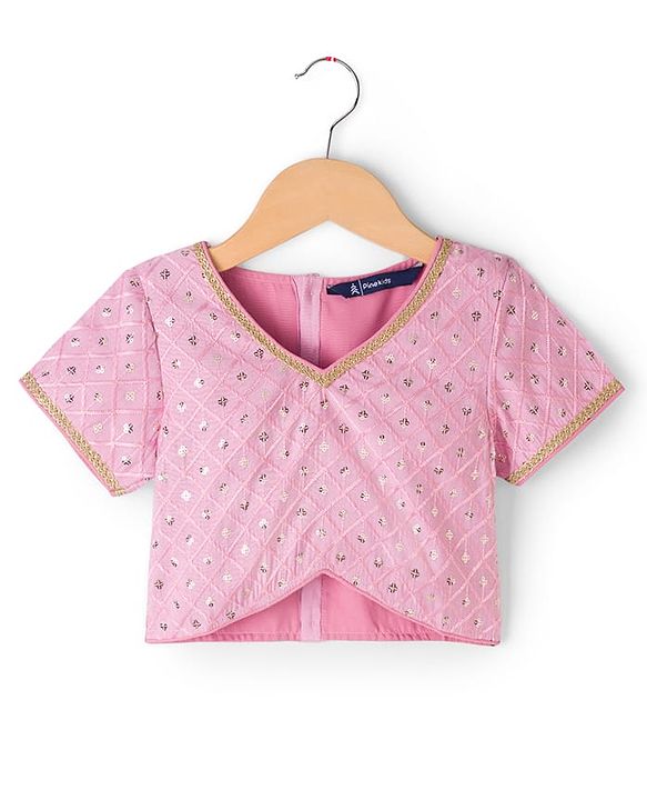 Pine Kids Woven Half Sleeves Choli Lagenga Dupattta Set with Floral Foil Print &  Sequinned Embroidery - Pink