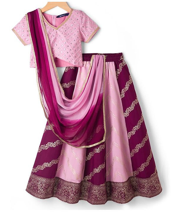 Pine Kids Woven Half Sleeves Choli Lagenga Dupattta Set with Floral Foil Print &  Sequinned Embroidery - Pink