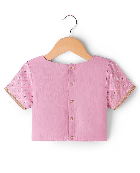 Pine Kids Woven Half Sleeves Choli Lagenga Dupattta Set with Floral Foil Print &  Sequinned Embroidery - Pink