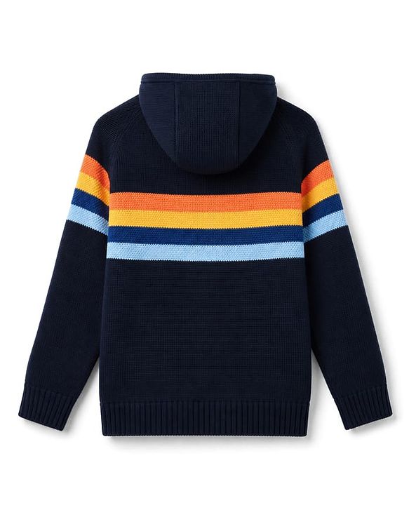 Pine Kids Knit Full Sleeves Front Open Hooded Sweater with Partially Stripes Design - Navy Blue