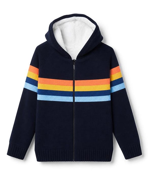 Pine Kids Knit Full Sleeves Front Open Hooded Sweater with Partially Stripes Design - Navy Blue