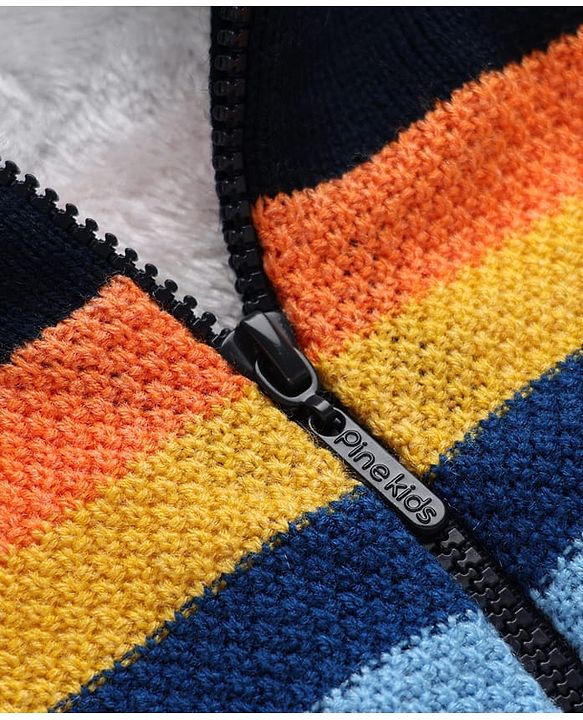 Pine Kids Knit Full Sleeves Front Open Hooded Sweater with Partially Stripes Design - Navy Blue