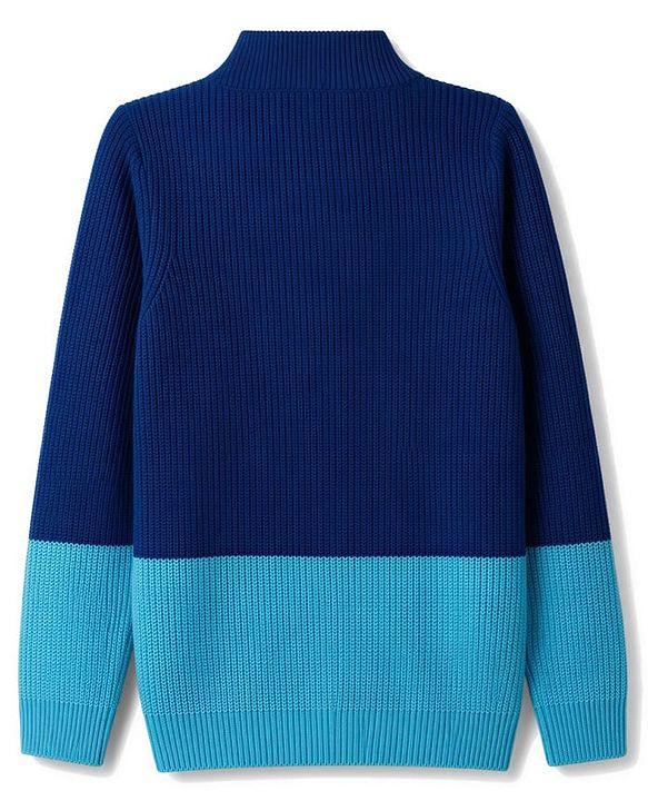 Pine Kids Knit Full Sleeves Colour Block Front Open Sweater with Cable Knit Design - Navy Blue