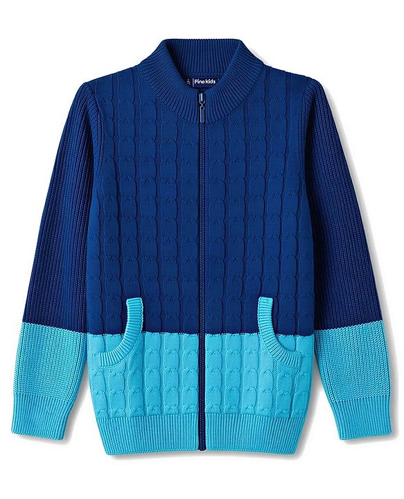 Pine Kids Knit Full Sleeves Colour Block Front Open Sweater with Cable Knit Design - Navy Blue