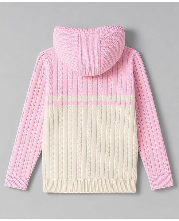 Pine Kids Knit Full Sleeves Hooded Front Open Sweater With Cable Knit Design - Pink