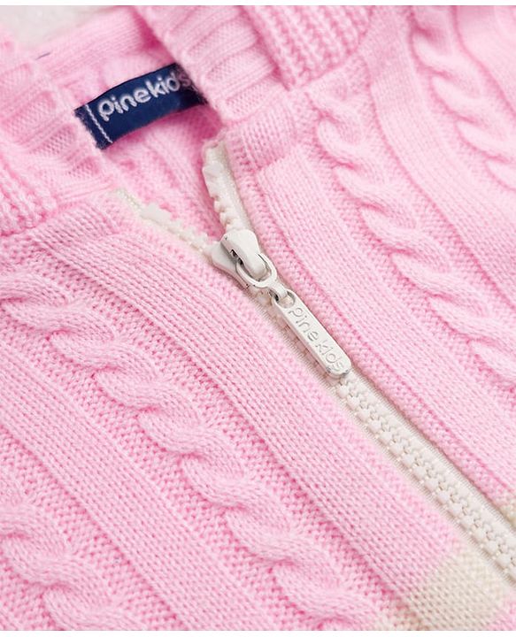 Pine Kids Knit Full Sleeves Hooded Front Open Sweater With Cable Knit Design - Pink