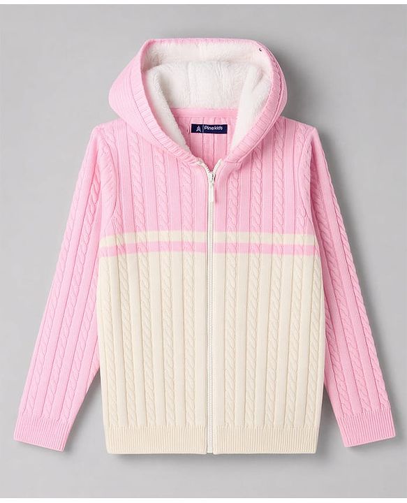 Pine Kids Knit Full Sleeves Hooded Front Open Sweater With Cable Knit Design - Pink