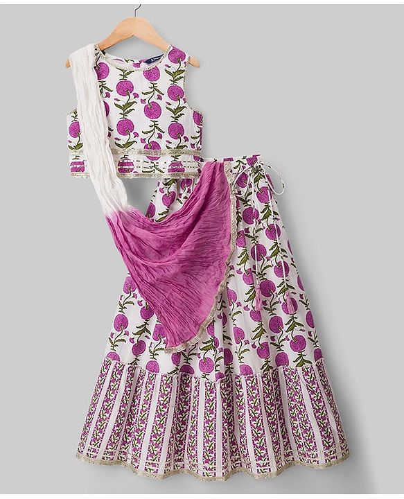 Pine Kids 100% Cotton Woven Sleeveless Floral Printed Choli Lehenga Set With Dupatta - White