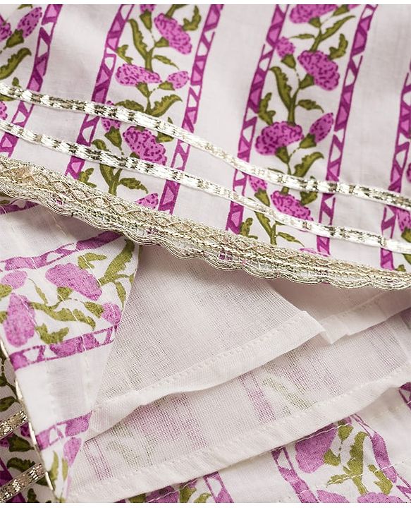 Pine Kids 100% Cotton Woven Sleeveless Floral Printed Choli Lehenga Set With Dupatta - White