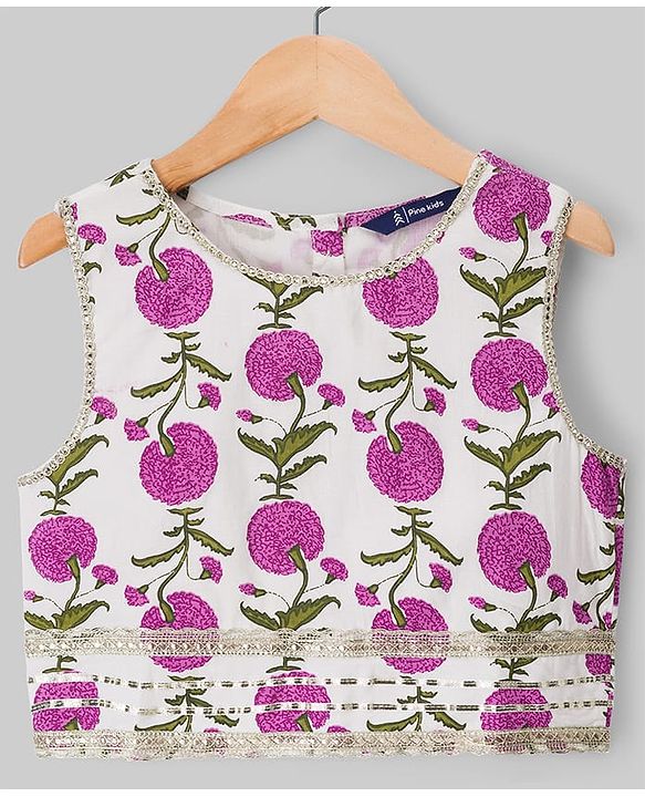 Pine Kids 100% Cotton Woven Sleeveless Floral Printed Choli Lehenga Set With Dupatta - White