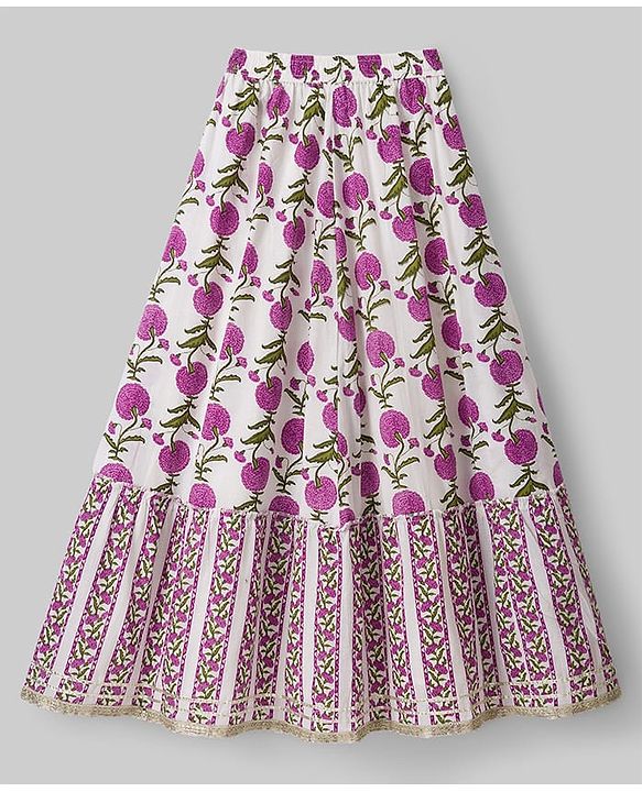 Pine Kids 100% Cotton Woven Sleeveless Floral Printed Choli Lehenga Set With Dupatta - White