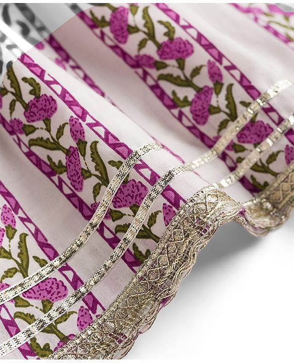 Pine Kids 100% Cotton Woven Sleeveless Floral Printed Choli Lehenga Set With Dupatta - White