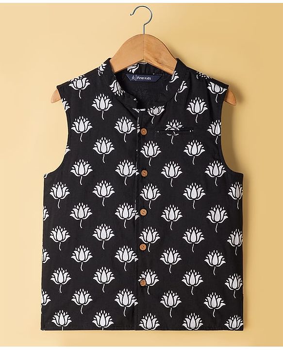 Pine Kids Cotton Woven Full Sleeves Solid Colour Kurta Pyjama Set with Floral Printed Nehru Jacket - White & Black