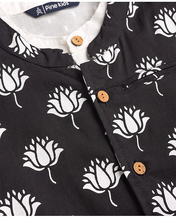 Pine Kids Cotton Woven Full Sleeves Solid Colour Kurta Pyjama Set with Floral Printed Nehru Jacket - White & Black