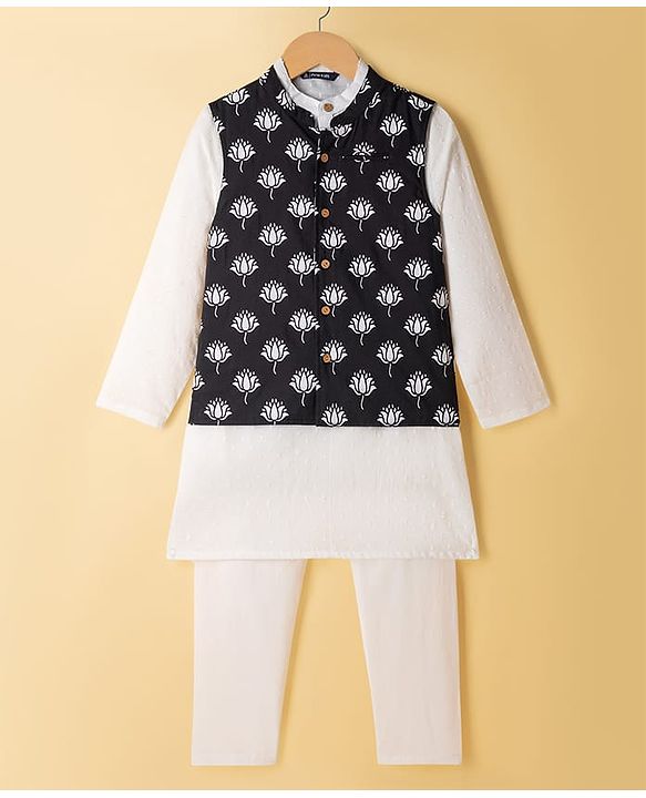Pine Kids Cotton Woven Full Sleeves Solid Colour Kurta Pyjama Set with Floral Printed Nehru Jacket - White & Black