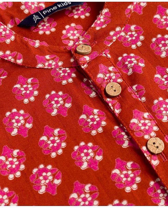 Pine Kids Cotton Woven Full Sleeves Floral Printed Kurta - Maroon