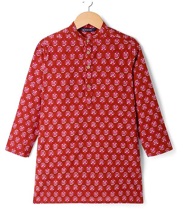 Pine Kids Cotton Woven Full Sleeves Floral Printed Kurta - Maroon