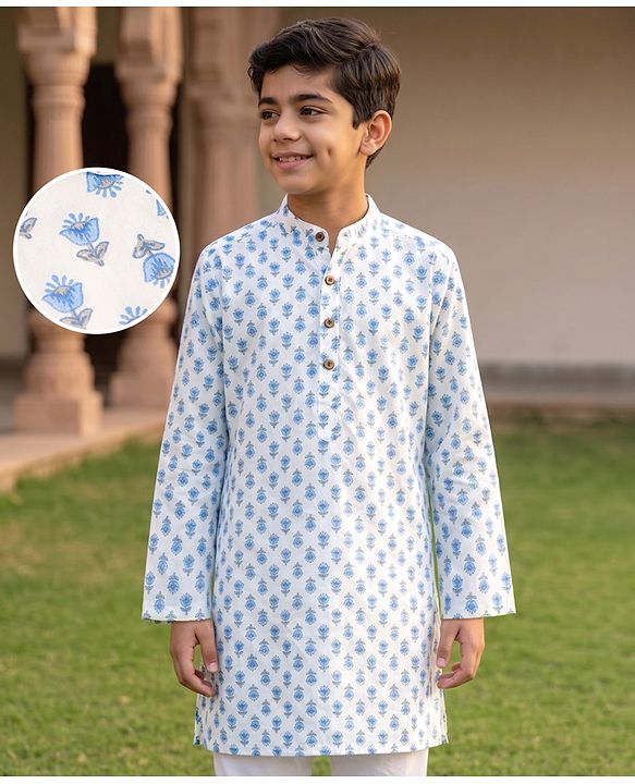 Pine Kids Cotton Woven Full Sleeves Floral Printed Kurta - White