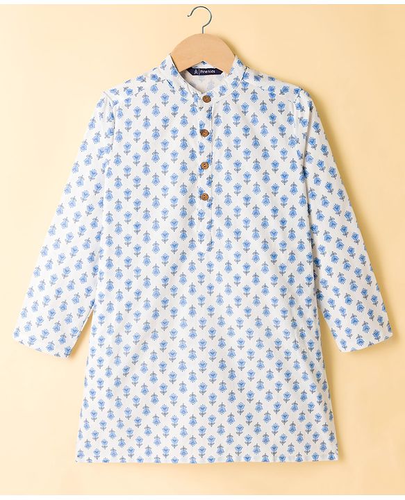 Pine Kids Cotton Woven Full Sleeves Floral Printed Kurta - White