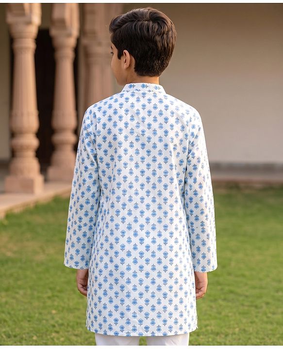 Pine Kids Cotton Woven Full Sleeves Floral Printed Kurta - White