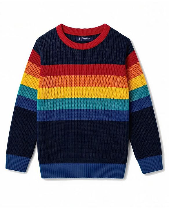 Pine Kids Knit Full Sleeves Striped Pullover Sweater - Navy Blue