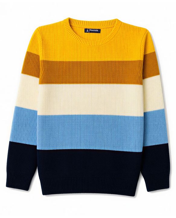 Pine Kids Knit Full Sleeves Colour Block Pullover - Yellow & Navy