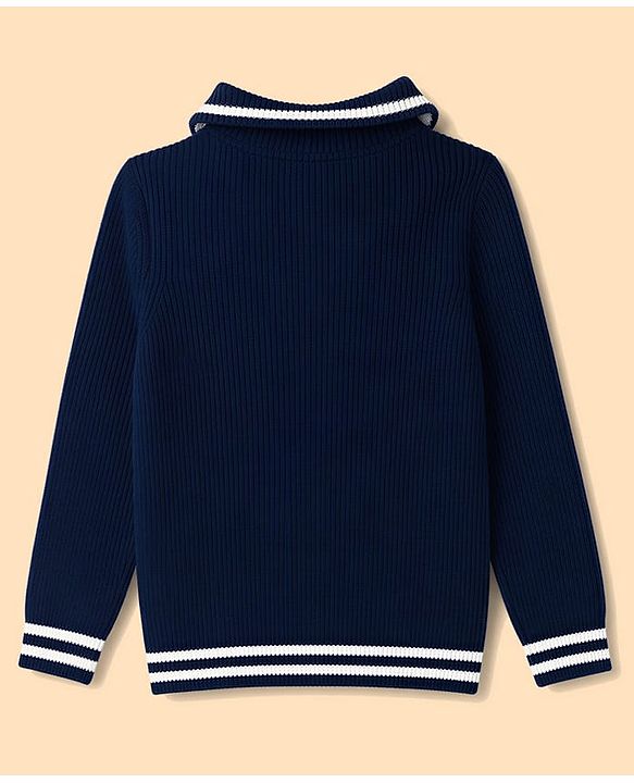 Pine Kids Knit Full Sleeves Pullover Sweater With Cable Knit Design - Navy Blue