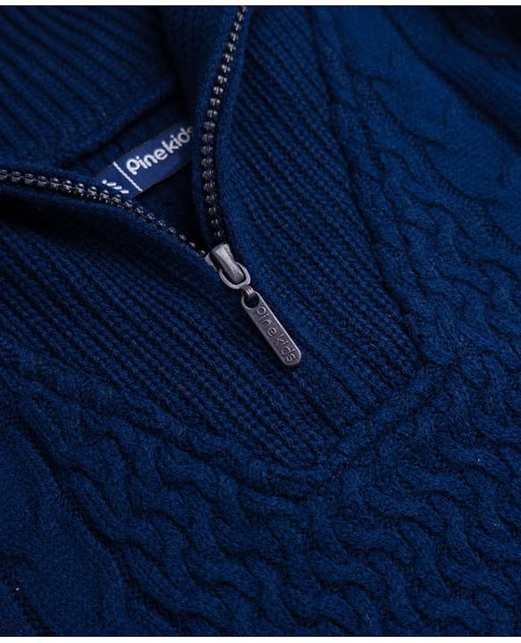 Pine Kids Knit Full Sleeves Pullover Sweater With Cable Knit Design - Navy Blue