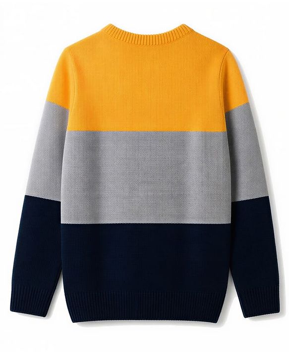 Pine Kids Knit Full Sleeves Colour Block Pullover with Cable Knit Design - Yellow & Grey & Black