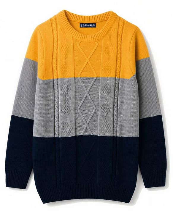 Pine Kids Knit Full Sleeves Colour Block Pullover with Cable Knit Design - Yellow & Grey & Black