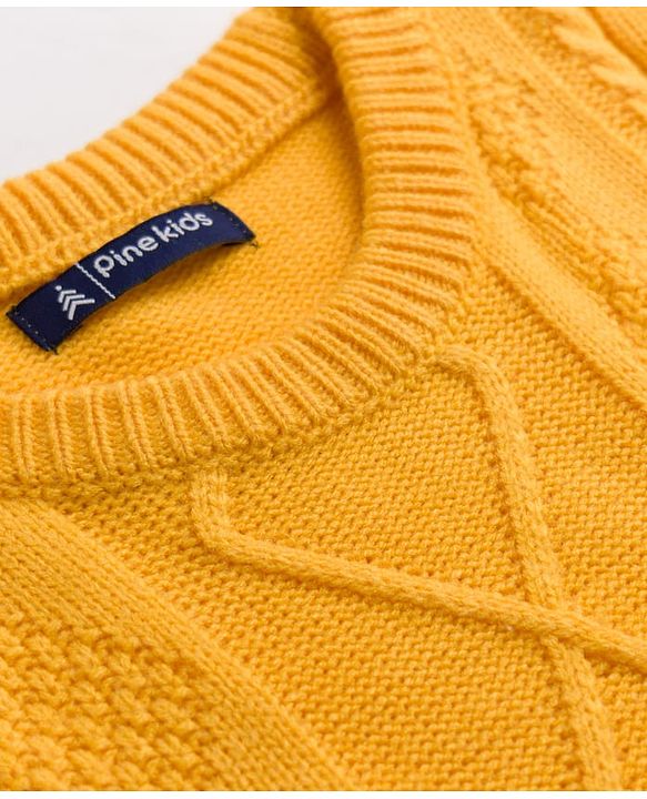Pine Kids Knit Full Sleeves Colour Block Pullover with Cable Knit Design - Yellow & Grey & Black