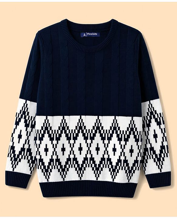 Pine Kids Knit Full Sleeves Pullover Sweater With Cable Knit Design - Navy Blue