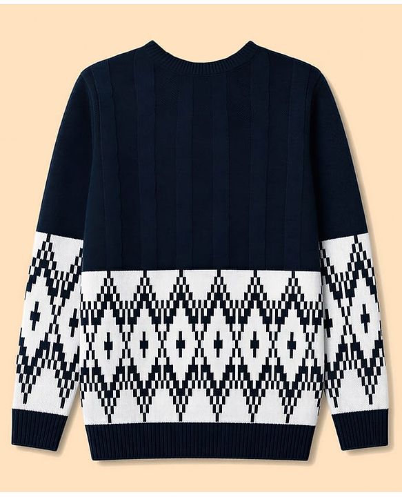 Pine Kids Knit Full Sleeves Pullover Sweater With Cable Knit Design - Navy Blue