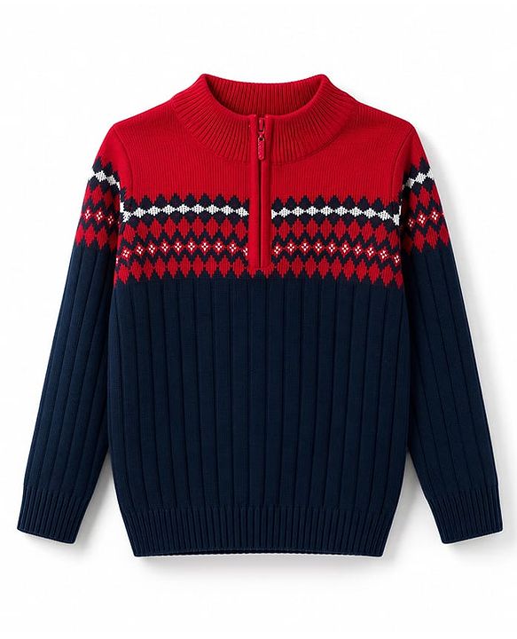 Pine Kids Knit Full Sleeves Pullover Sweater With Design - Navy Blue