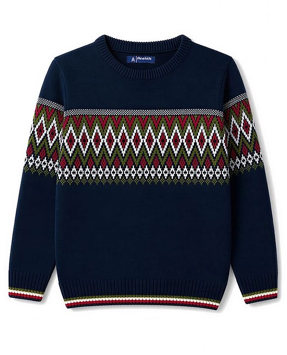 Pine Kids Knit Full Sleeves Pullover Sweater With Embroidery - Navy Blue
