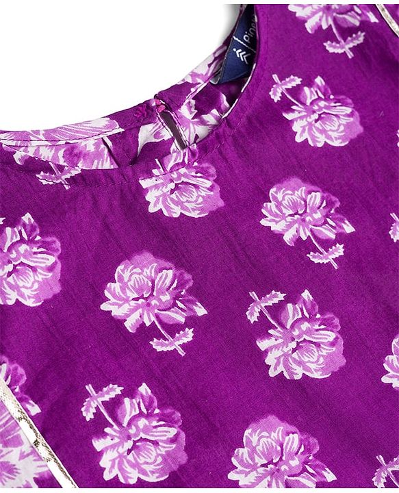 Pine Kids Cotton Woven Three Fourth Sleeves Kurti & Churidar Set With Dupatta & Floral Print - Purple