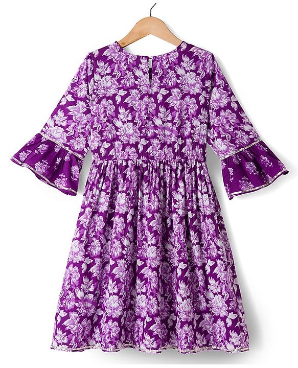 Pine Kids Cotton Woven Three Fourth Sleeves Kurti & Churidar Set With Dupatta & Floral Print - Purple