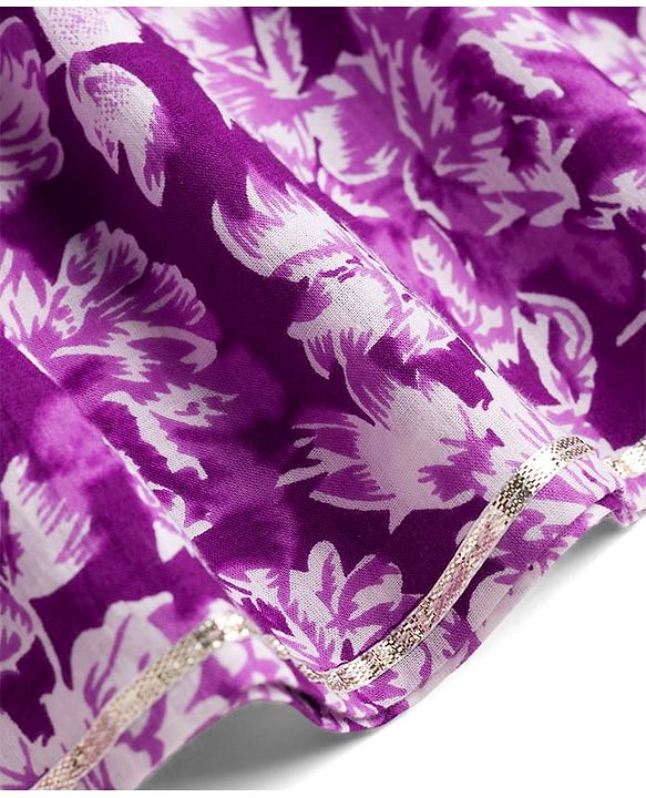 Pine Kids Cotton Woven Three Fourth Sleeves Kurti & Churidar Set With Dupatta & Floral Print - Purple