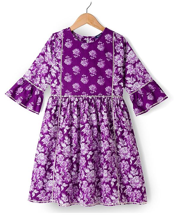 Pine Kids Cotton Woven Three Fourth Sleeves Kurti & Churidar Set With Dupatta & Floral Print - Purple