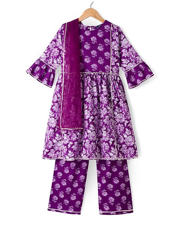 Pine Kids Cotton Woven Three Fourth Sleeves Kurti & Churidar Set With Dupatta & Floral Print - Purple