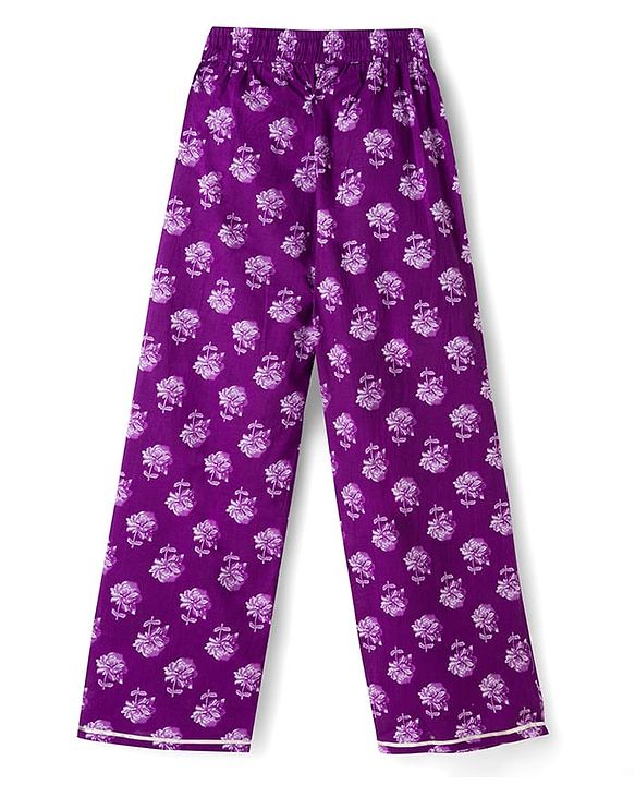 Pine Kids Cotton Woven Three Fourth Sleeves Kurti & Churidar Set With Dupatta & Floral Print - Purple