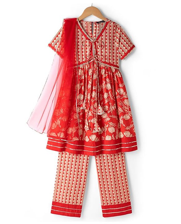Pine Kids Cotton Woven Half Sleeves Floral Printed Kurti Churidar Set - Red