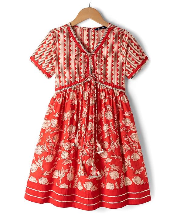 Pine Kids Cotton Woven Half Sleeves Floral Printed Kurti Churidar Set - Red