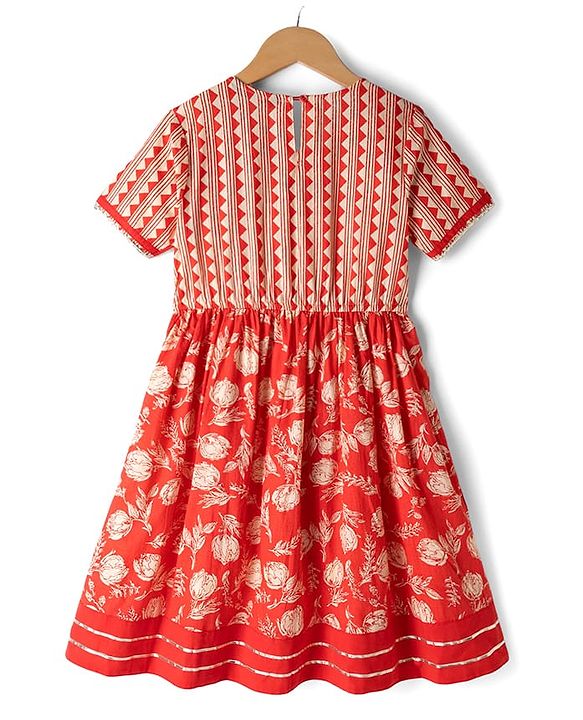 Pine Kids Cotton Woven Half Sleeves Floral Printed Kurti Churidar Set - Red