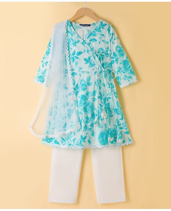 Pine Kids Cotton Woven Three Fourth Sleeves Floral Printed Kurti Churidar Set with Dupatta- Sky