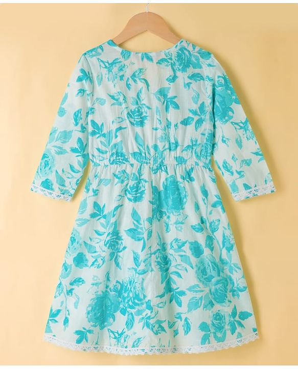Pine Kids Cotton Woven Three Fourth Sleeves Floral Printed Kurti Churidar Set with Dupatta- Sky