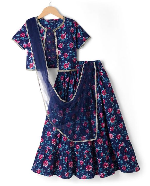 Pine Kids Cotton Woven Floral Printed Choli Lahenga Dupatta Set With Half Sleeves Jacket - Navy