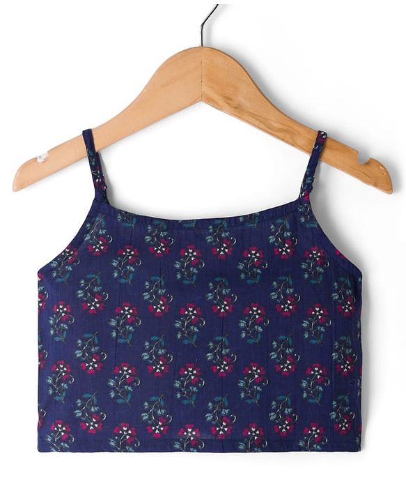 Pine Kids Cotton Woven Floral Printed Choli Lahenga Dupatta Set With Half Sleeves Jacket - Navy