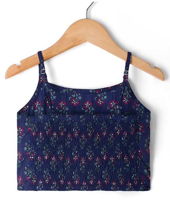 Pine Kids Cotton Woven Floral Printed Choli Lahenga Dupatta Set With Half Sleeves Jacket - Navy